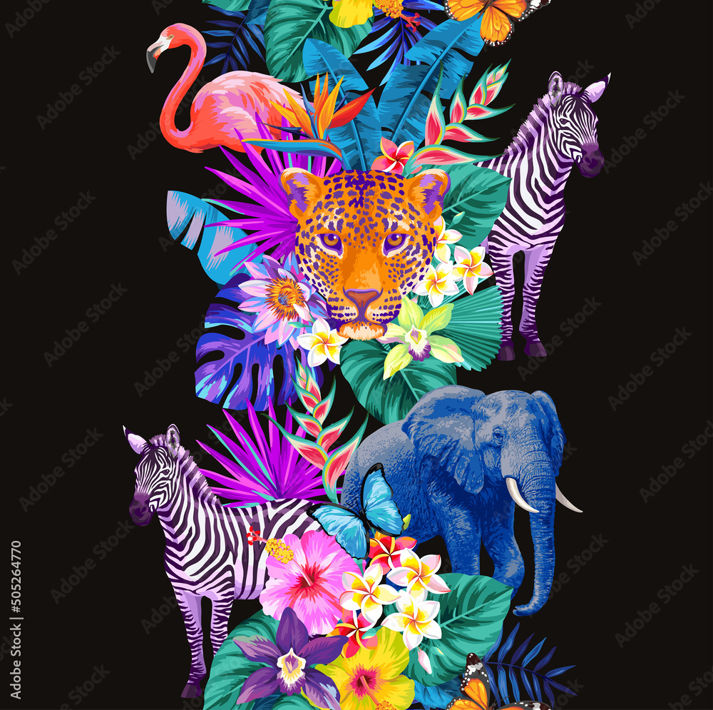 Tropical seamless vertical border with palm leaves, exotic flowers, wild animals and birds on a black background. Vector illustration.
