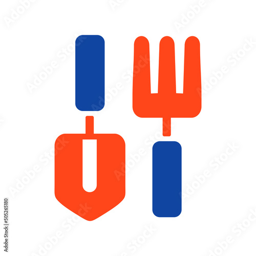 Gardening tools set icon. Shovel, pitchfork, rake.