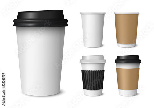 Paper coffee cup mockups. Coffee paper, plastic mug templates. Cup mockup for tea, coffee packaging. Vector illustration