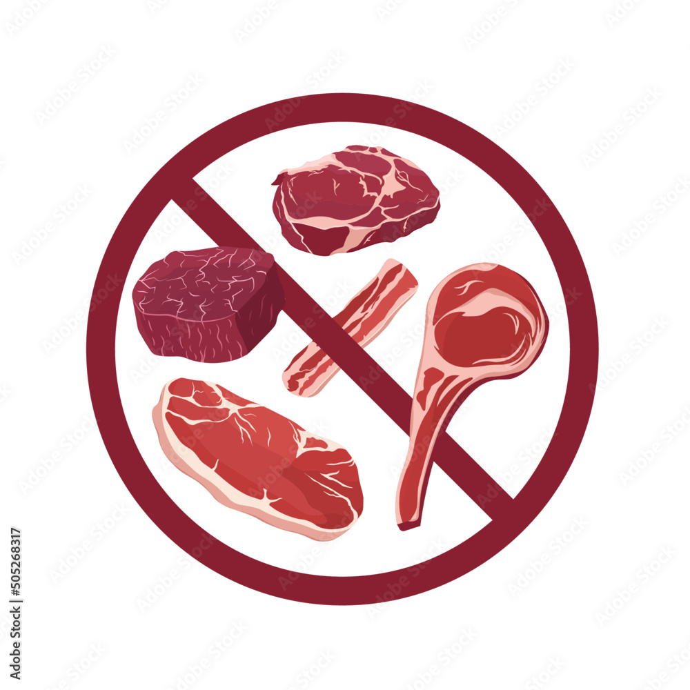 No meat allowed sign. Meat is forbidden. Vegetarian. Different kinds of
