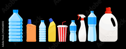 Set of plastic bottles and containers in flat style. Collection of plastic waste. Isolated 