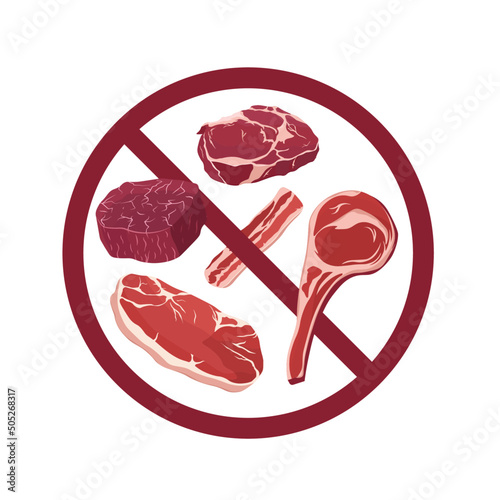 No meat allowed sign. Meat is forbidden. Vegetarian. Different kinds of Red meat. Isolated on white background	
