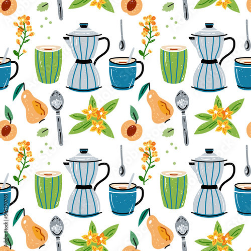 Seamless with cups for tea and coffee, juices. Colored pattern of food and drink. Background with bright colorful crockery in a flat style. Coffee maker