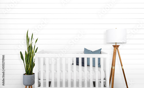 Canvas Print A modern farmhouse styled baby nursery with a blank shiplap wall.