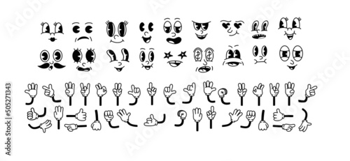 old cartoon mascot character elements. different clipart, faces, limbs. vector hands in different positions, arm. 