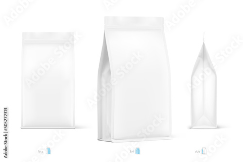 Vertical bag mockup. Vector illustration. Front, side and isometric. Perspective view. Ready for your design. Perfect for the presentation of coffee, food, for pets, household, etc.