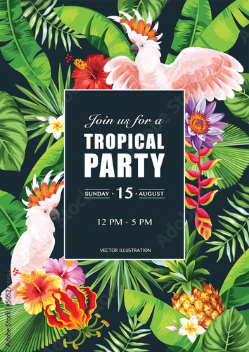 Tropical Hawaiian card template with birds, palm leaves and exotic flowers. Summer design. Vector illustration.