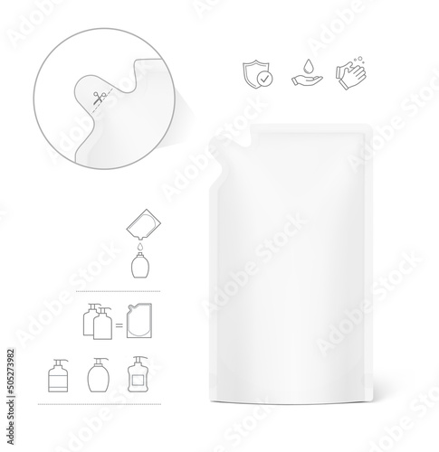 Pouch bag with curve corner. Vector illustration. Perfect for final pack shot. Can be use for refilling soap, liquids and other. EPS10.	