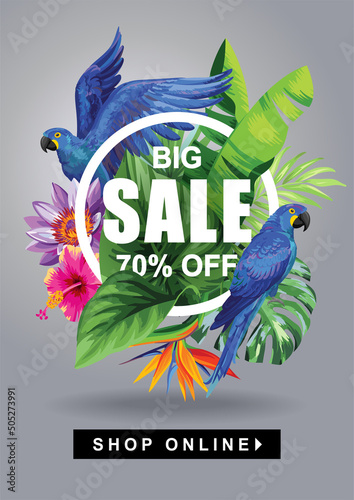 Tropical Hawaiian card template with birds, palm leaves and exotic flowers. Summer design. Vector illustration.