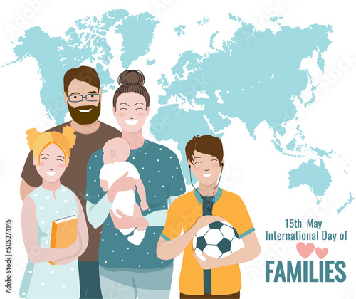 Happy International Family Day at 15 of May banner. Smiling cheerful mom, dad, baby, teenager son and daughter together at world map. Adult, siblings cute cartoon characters. Vector isolated on white.