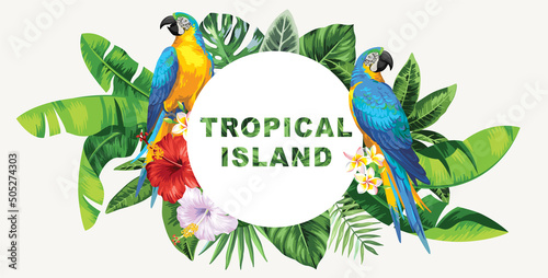 Tropical Hawaiian card template with birds, palm leaves and exotic flowers. Summer design. Vector illustration.