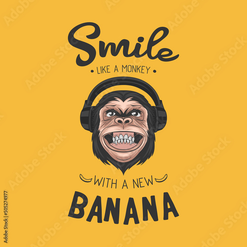 Smile Like a Monkey with a New Banana. Vector Smiling DJ Chimpanzee Ape with Headphones, Typography Quote. Funny Monkey Head for Wall Art, T-shirt Print, Poster. Cartoon Cute Chimp Monkey