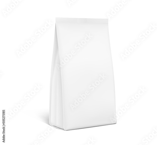 Vertical bag mockup with narrow top. Vector illustration isolated on white background. High realistic detail. Perspective view. Suite for the presentation of coffee, food, for pets, household, etc.	