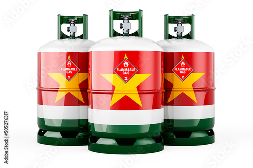 Surinamese flag painted on the propane cylinders with compressed gas, 3D rendering photo