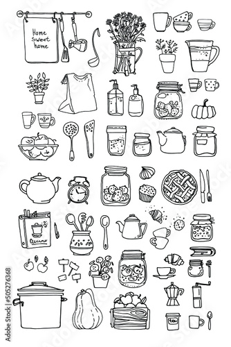 Dishes  cups  food  kitchen Line sketch of flowers in pots  home decor. Drawing vector black. 