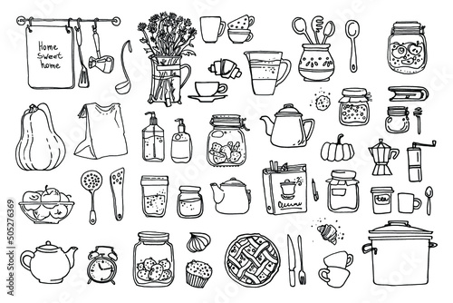 Dishes, cups, food, kitchen Line sketch of flowers in pots, home decor. Drawing vector black. 