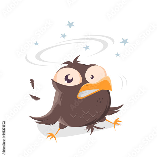 funny cartoon bird sitting on the floor after a crash