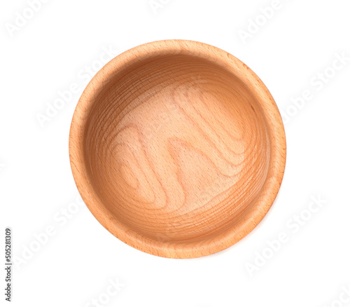 Wooden bowl isolated on white, top view