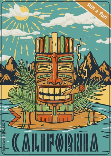 Surf tiki mask on surfing board with weed joint and tropical leaves. Summer californian print or poster