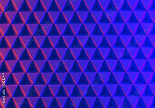 Blue-violet ornament. Wallpaper from Three-dimensional scenery. Wallpaper with blue pyramids. Backdrop with neon glow. Graphic wallpaper in retro style. Geometric design. 3d rendering.