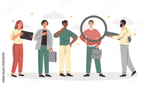 Human Resource Management and Hiring Concept. Male employee of HR department with magnifying glass looking for best candidate for vacancy or job. Recruitment Process. Cartoon flat vector illustration