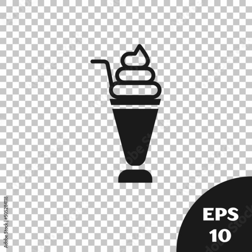 Black Milkshake icon isolated on transparent background. Plastic cup with lid and straw. Vector