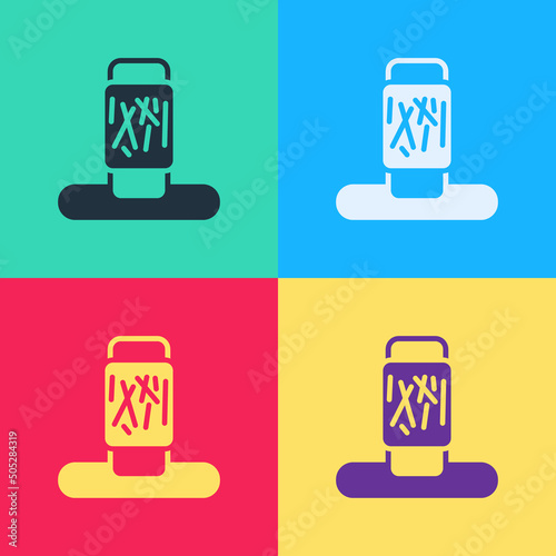 Pop art Cat scratching post with toy icon isolated on color background. Vector