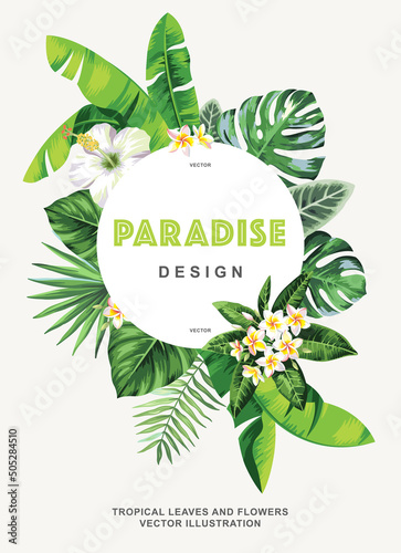 Tropical Hawaiian card template with palm leaves and exotic flowers. Summer design. Vector illustration.