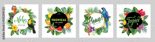 Fotografia Tropical Hawaiian card template with palm leaves and exotic flowers