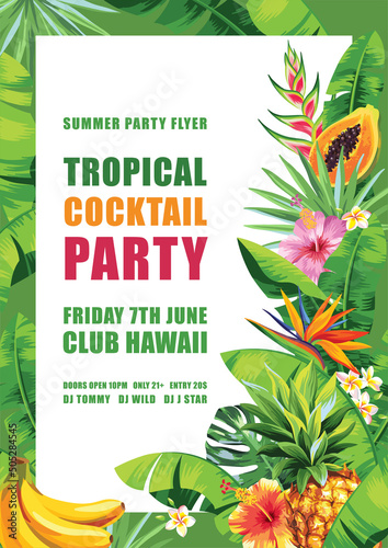 Tropical Hawaiian card template with palm leaves and exotic flowers. Summer design. Vector illustration.
