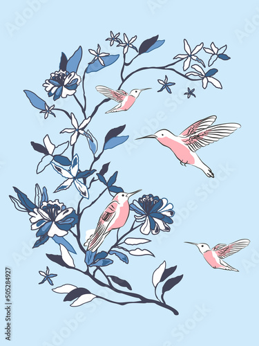 Cute birds on a branch with flowers vector illustration. Design for wrapping paper, fabric, t-shirt design, card, invitation 