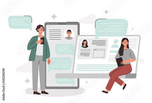 Social networking concept. Young man and woman with smartphone and laptop communicate online, send messages to friends or chat. Search for friends on Internet. Cartoon flat vector illustration