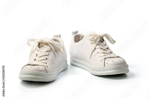Pair of Stylis New White Sneakers Over White Background. Isolated with Clipping Path