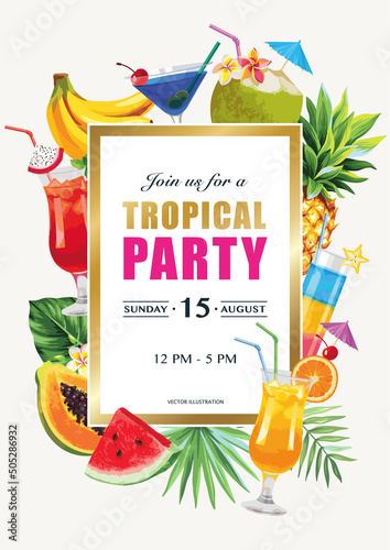 Tropical Hawaiian flyer with summer cocktails, fruits, palm leaves and exotic flowers. Vector illustration.