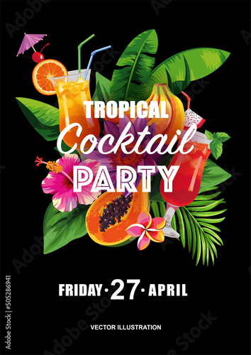Tropical Hawaiian flyer with summer cocktails, fruits, palm leaves and exotic flowers. Vector illustration.