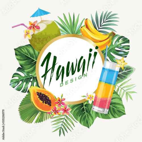 Tropical Hawaiian flyer with summer cocktails, fruits, palm leaves and exotic flowers. Vector illustration.