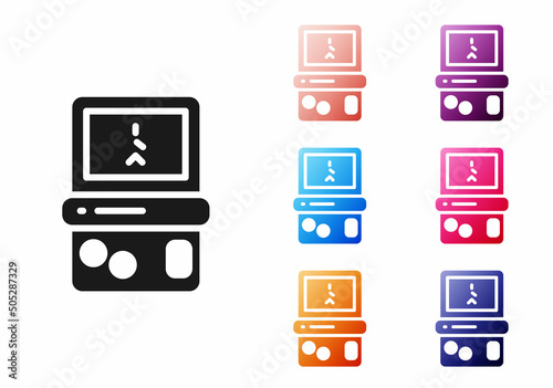 Black Portable tetris electronic game icon isolated on white background. Vintage style pocket brick game. Interactive playing device. Set icons colorful. Vector