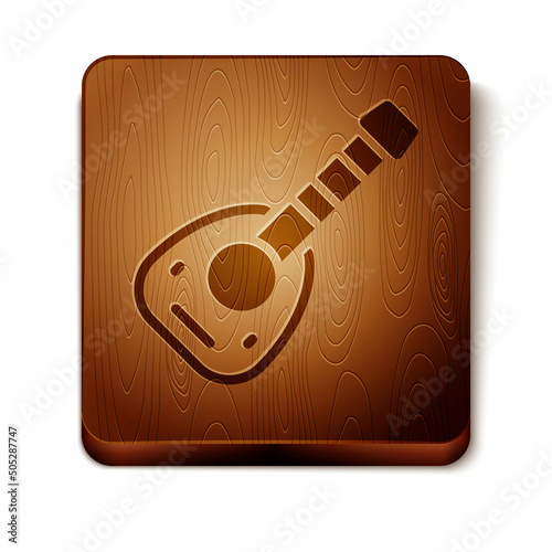 Brown Musical instrument lute icon isolated on white background. Arabic, Oriental, Greek music instrument. Wooden square button. Vector