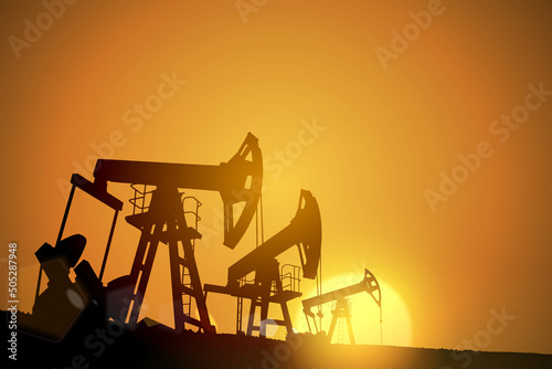 Oil field over sunset. Vector illustration. Gas industry. Dark silhouette drilling rig.