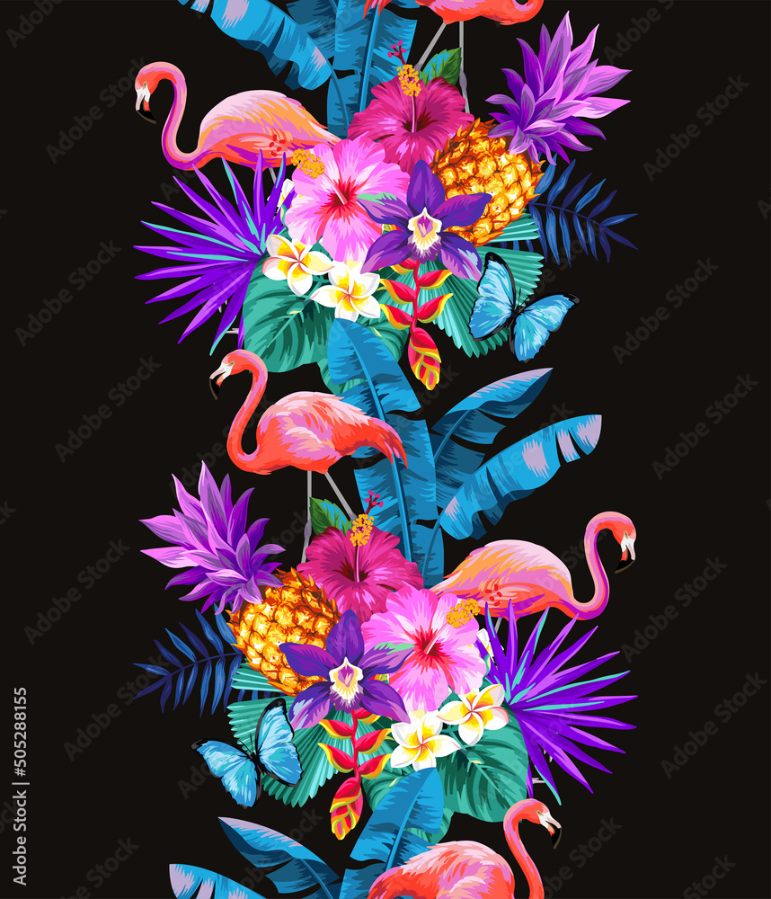 Tropical seamless vertical border with palm leaves, exotic flowers and ...