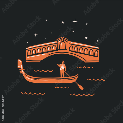 Gondolier on a gondola and historic bridge over the Grand Canal in Venice. The Rialto Bridge is an ancient symbol of the city. Popular tourist sight in Italy. Vector illustration isolated.