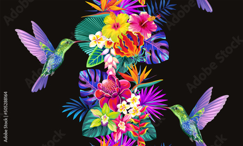 Tropical seamless vertical border with palm leaves, exotic flowers and birds. Vector illustration.