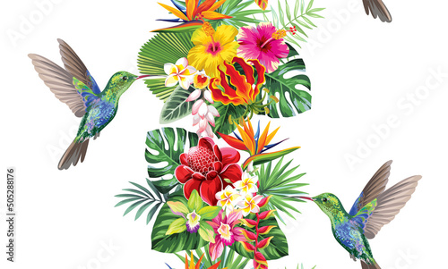 Tropical seamless vertical border with palm leaves, exotic flowers and birds. Vector illustration.