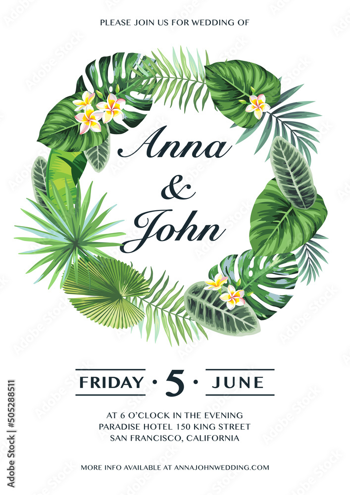 Tropical Hawaiian wedding invitation. Vector illustration. Tropical Hawaiian wedding invitation. Vector illustration.