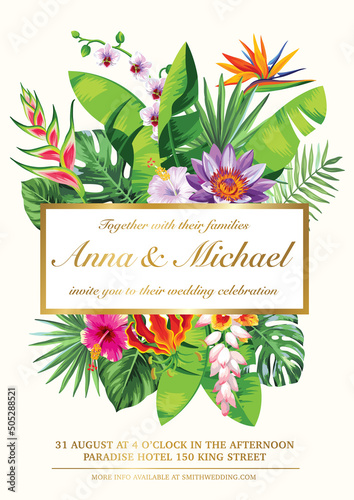 Tropical Hawaiian wedding invitation. Vector illustration.