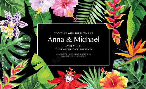 Tropical Hawaiian wedding invitation. Vector illustration.