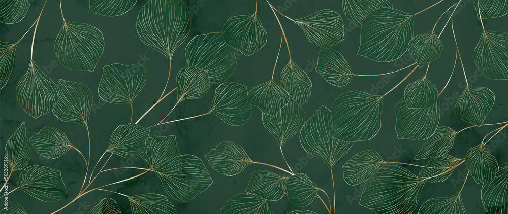 Leaves in gold line art hand drawing on a green background. Abstract botanical pattern with leaf for decor, wallpaper, wall, packaging, fabric - obrazy, fototapety, plakaty 