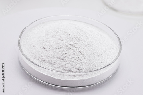 acetylsalicylic acid in laboratory, petri dish with chemical components for aspirin preparation, headache medicine photo