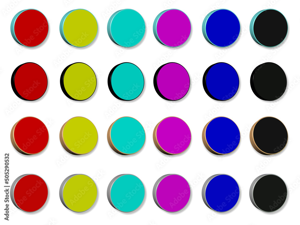 Set of colored buttons with glossy 3D edges. Illustration of 3D collection of round blank buttons objects. Isolated. Set of colored buttons with glossy 3D edges. Illustration of 3D collection of round blank buttons objects. Isolated.