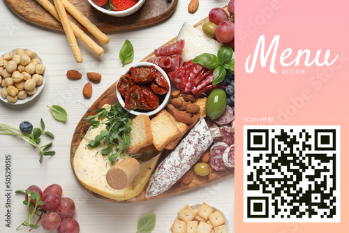 Scan QR code for contactless menu. Set of different delicious appetizers served on white wooden table, flat lay